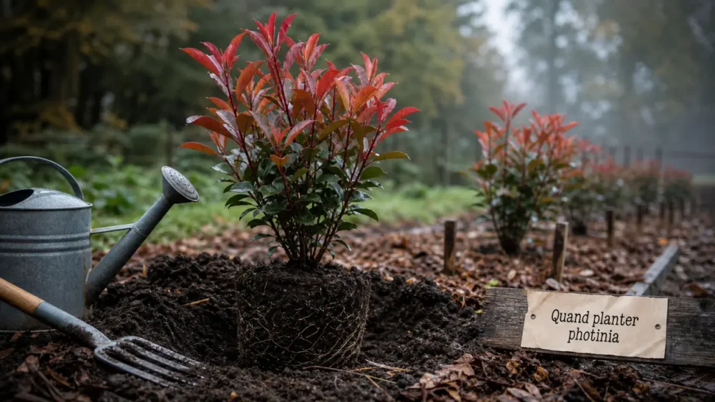 Quand planter photinia : motte rouge Red Robin en terre pour reprise rapide
