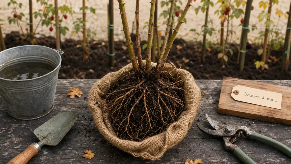 Quand repiquer des framboisiers, motte en pot d’octobre à mars