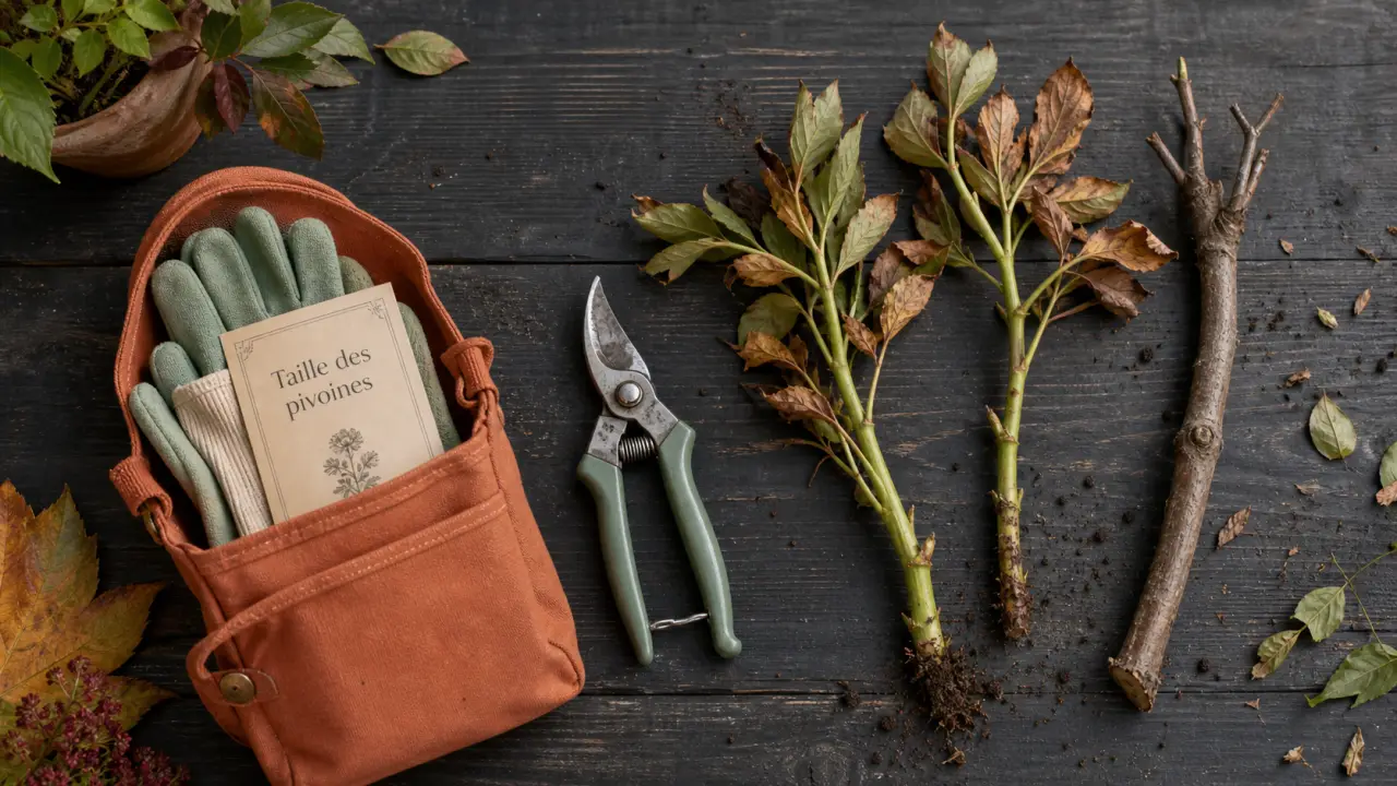 Sécateur, gants et tiges de pivoines posés sur un plan de travail en bois