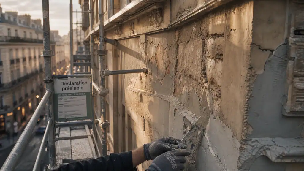 Ravalement paris : échafaudage sur façade en pierre, chantier