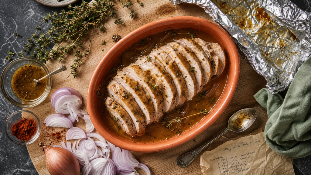 Recette filet de dinde au four moelleux : filet tranché, jus aux échalotes