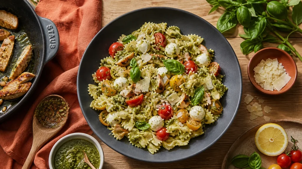 Salades de pates au poulet pesto et tomates cerise, lunch box}}