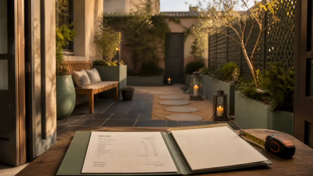 Aménagement jardin Bordeaux : petite cour patio avec treillage brise-vue et bacs de plantes