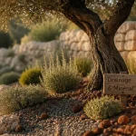 Aménagement jardin mediterraneen : allée sèche en pouzzolane autour d’un olivier