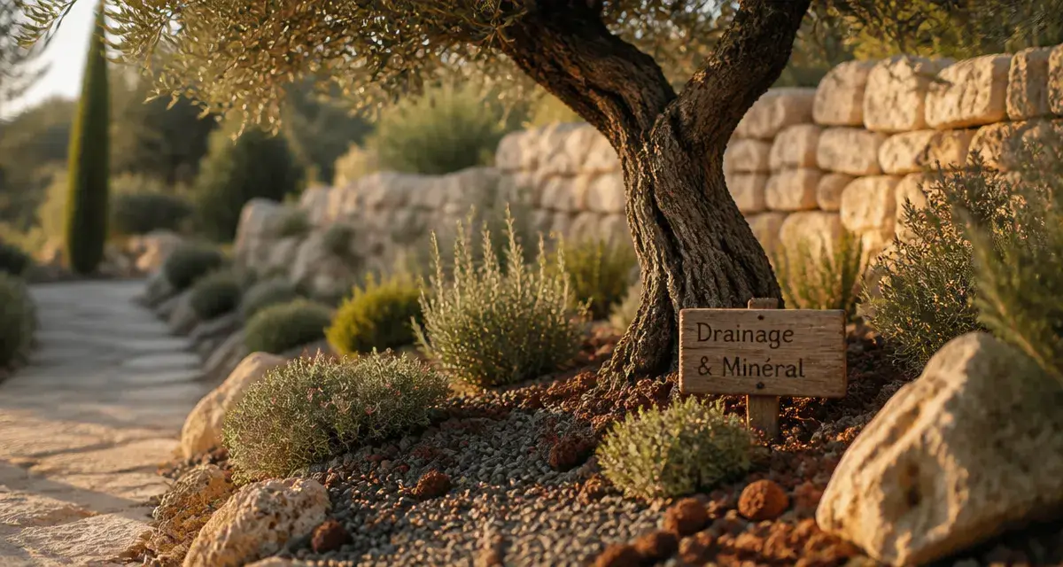Aménagement jardin mediterraneen : allée sèche en pouzzolane autour d’un olivier