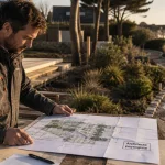 Architecte paysagiste La Baule examine un plan de chantier paysager