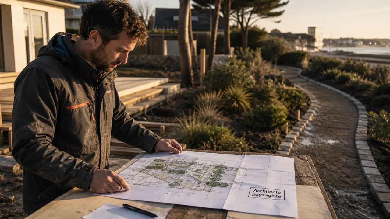 Architecte paysagiste La Baule examine un plan de chantier paysager
