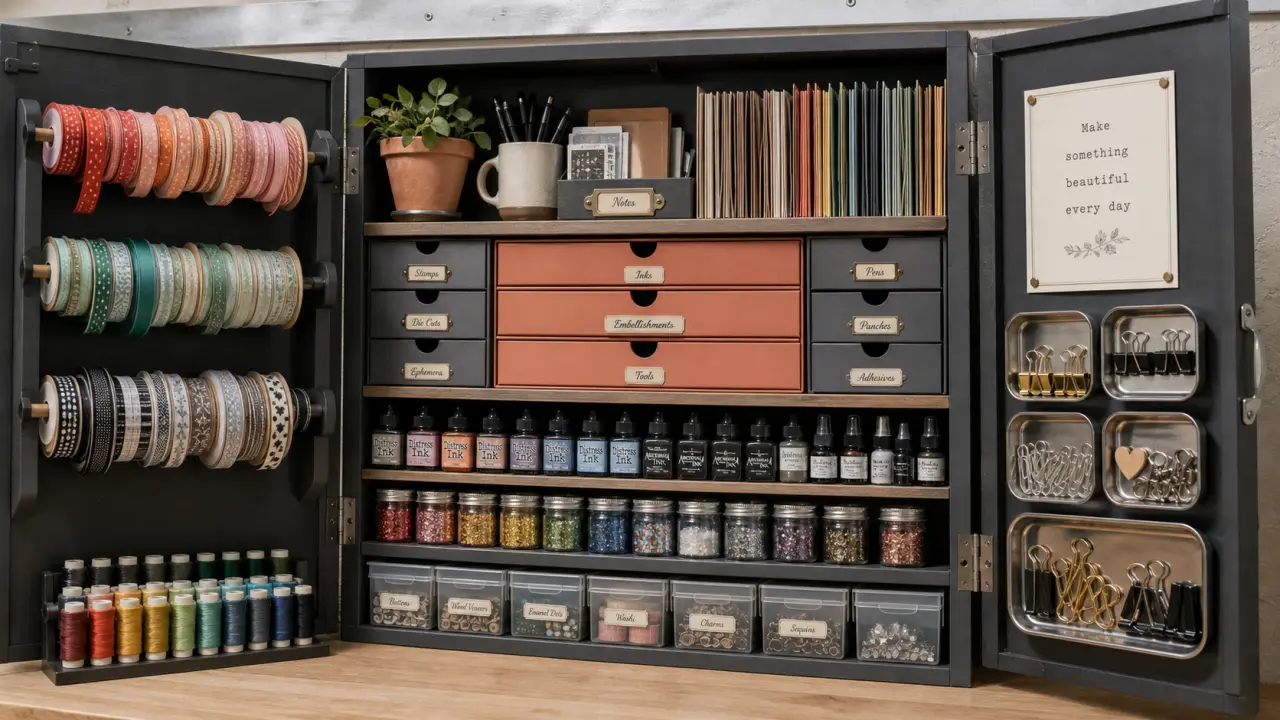 Armoire rangement loisirs créatifs ouverte : rubans, bijoux et boîtes
