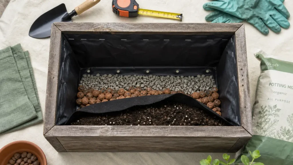 Bâche pour jardinière en bois : 0,25 mm, drainage et agrafes pour protéger le bac