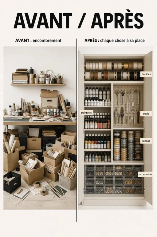 Armoire rangement loisirs créatifs avant après dans un atelier organisé et fonctionnel