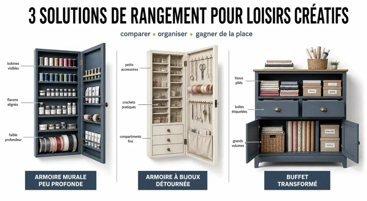 Armoire rangement loisirs créatifs avec comparaison de solutions pour bobines, petits accessoires et gros stock