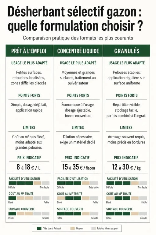 Comparatif selectif gazon : prêt à l’emploi, concentré liquide et granulés