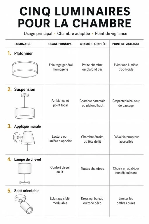 Luminaire chambre : comparatif visuel des principaux types de luminaires selon l’usage et la taille de la pièce