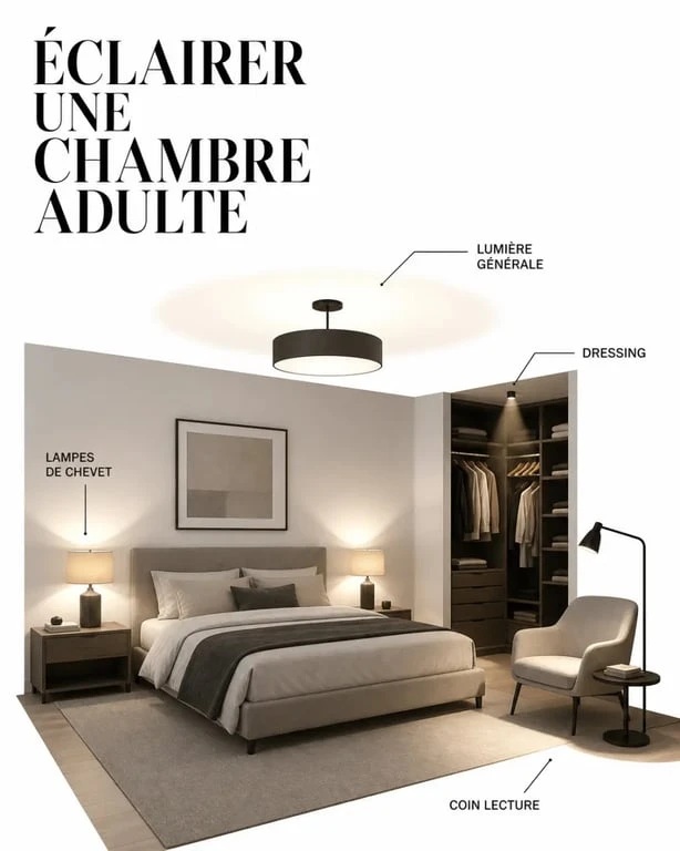 Luminaire chambre : schéma des zones d’éclairage d’une chambre adulte avec plafond, chevets et dressing