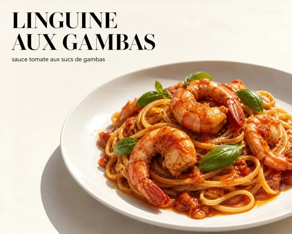 Recette italienne pâtes aux gambas servie dans une assiette élégante avec sauce tomate et basilic