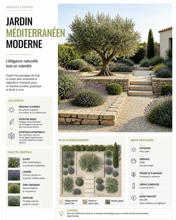 Aménagement de jardin méditerranéen avec olivier et paillage minéral