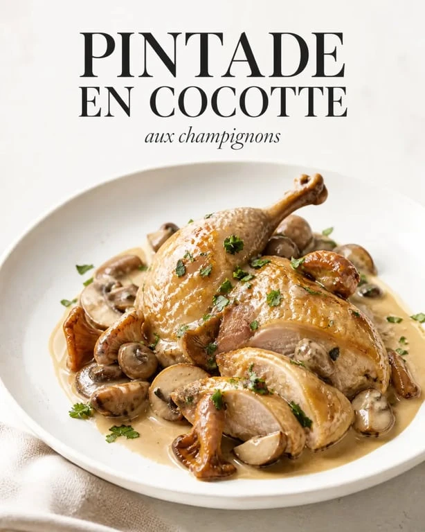 Recette pintade en cocotte champignons servie en assiette avec sauce crémeuse et champignons dorés