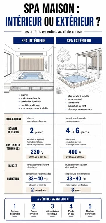 Infographie spa maison : comparer spa intérieur et spa extérieur pour choisir le bon modèle