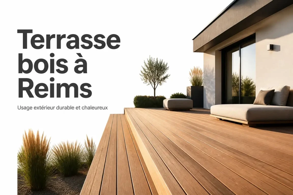 Terrasse bois Reims dans un jardin contemporain avec lames naturelles et ambiance chaleureuse