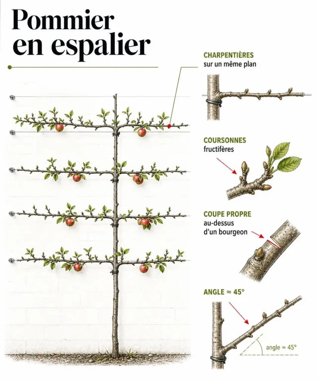 Pommier espalier taille : schéma des charpentières, coursonnes et angles de coupe