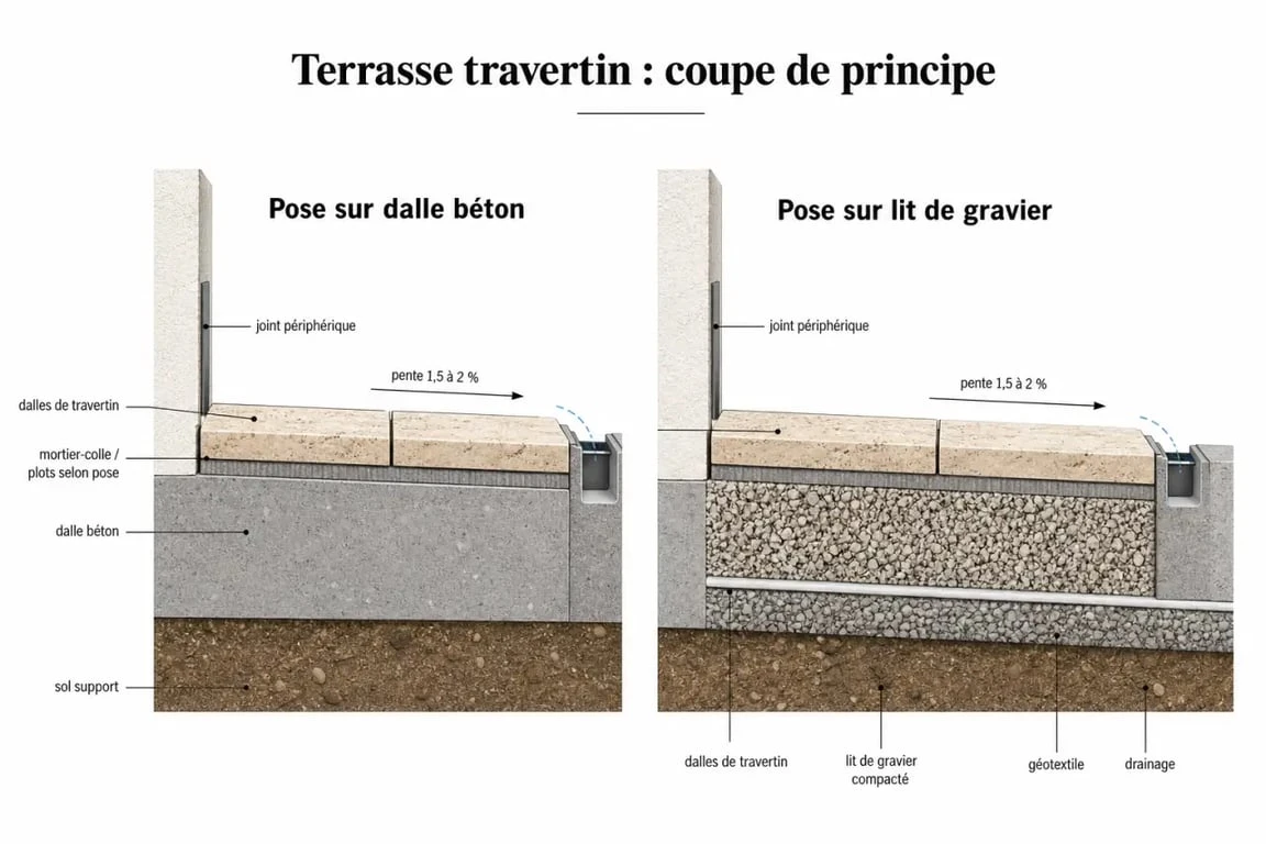 Terrasse travertin : schéma de pose avec pente, joints et drainage