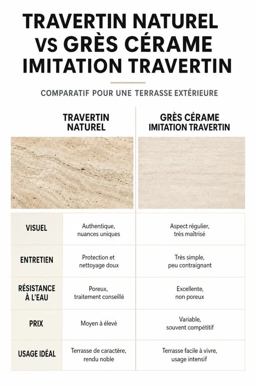 Terrasse travertin : comparatif visuel entre travertin naturel et grès cérame imitation