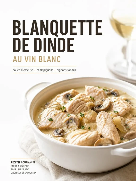 Recette blanquette de dinde vin blanc servie en cocotte, sauce crémeuse et champignons