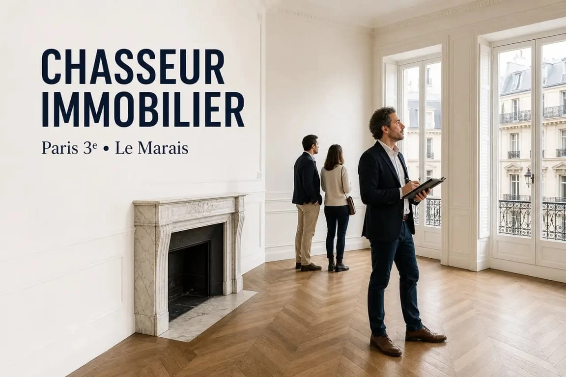 Chasseur immobilier paris 3 dans une rue du Marais à Paris, ambiance d’achat immobilier premium