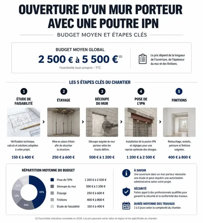 Infographie des coûts et étapes pour l'ouverture d'un mur porteur avec pose d'une poutre IPN