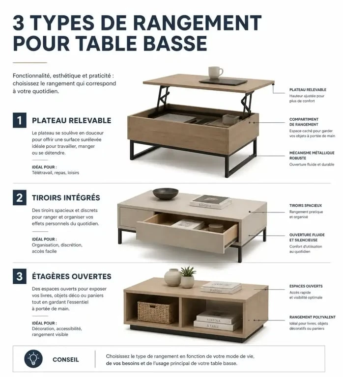 Schéma comparatif des mécanismes de rangement pour table basse avec rangement