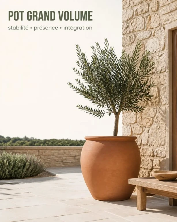 Mise en scène de pots terre cuite grande taille sur une terrasse avec une plante volumineuse