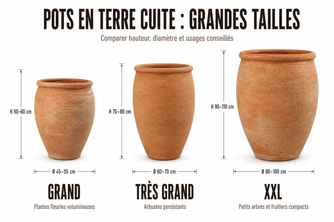 Comparatif des pots terre cuite grande taille du grand format au XXL avec leurs usages conseillés