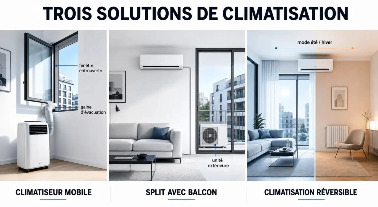 Comment climatiser un appartement : comparaison visuelle des solutions mobile, split et réversible