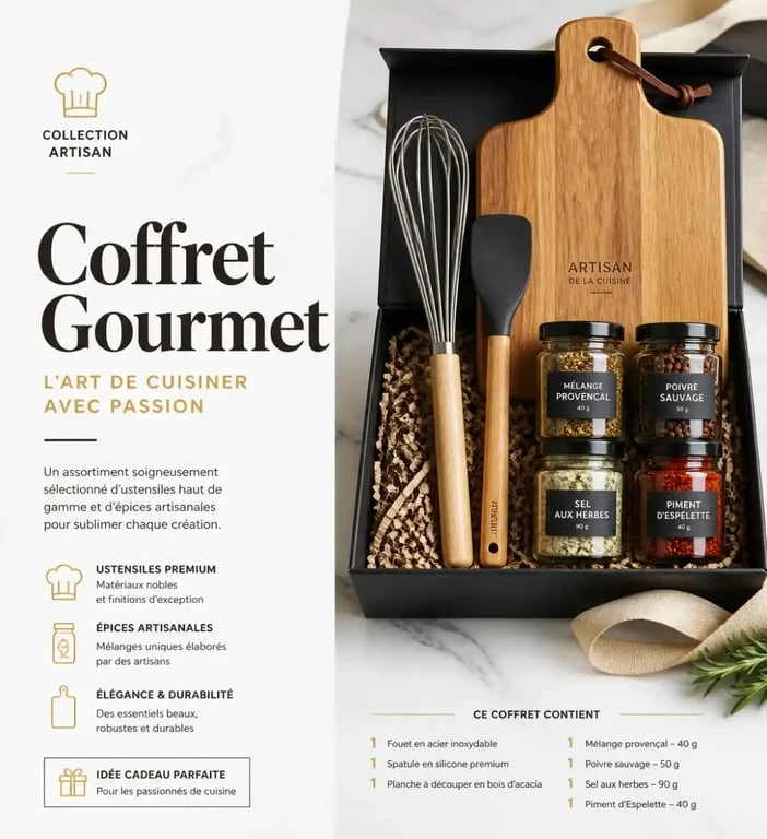 Coffret cadeau cuisine premium avec ustensiles et épices artisanales