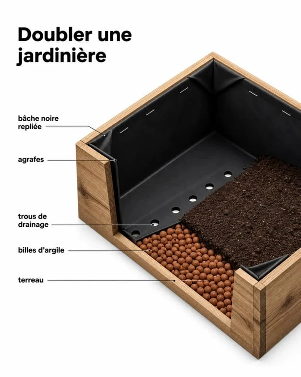 Bâche jardinière en bois posée à l’intérieur avec angles repliés et drainage visible
