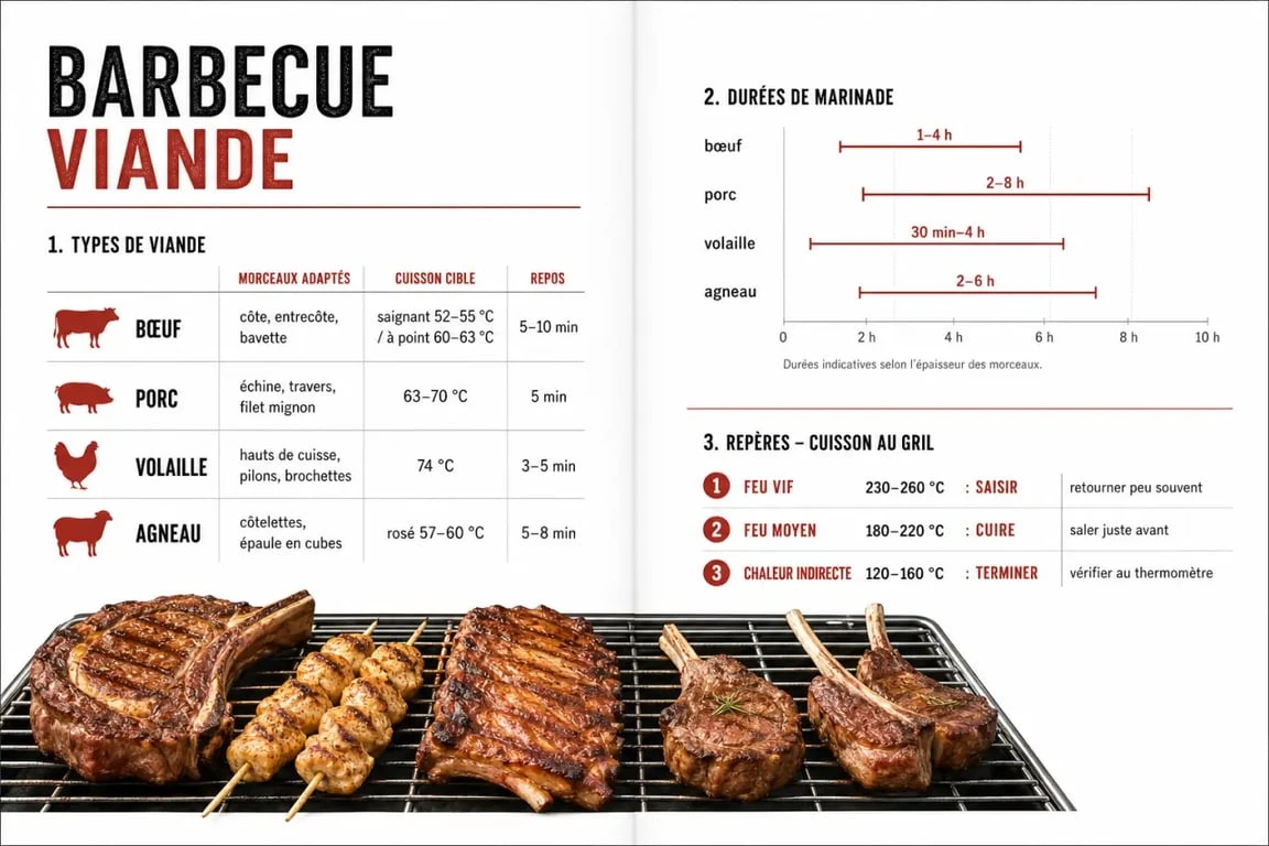 Barbecue viande : tableau visuel des morceaux, cuissons et marinades