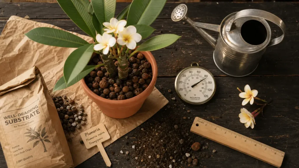 Plumeria en pot : lumière, drainage et floraison de juillet à octobre