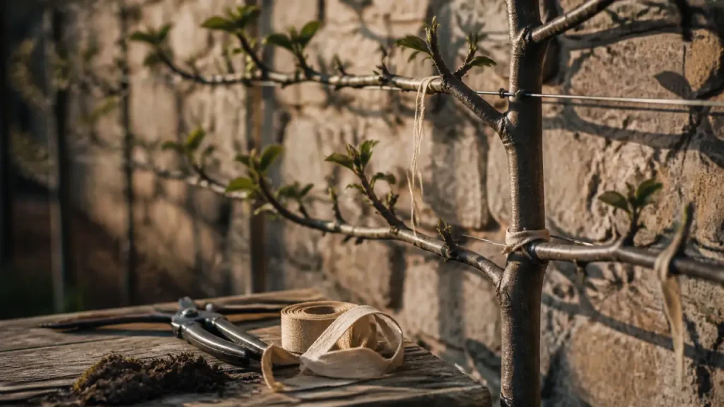 Taille du pommier en espalier : 45° pour les charpentières, 3 nœuds pour fructifier