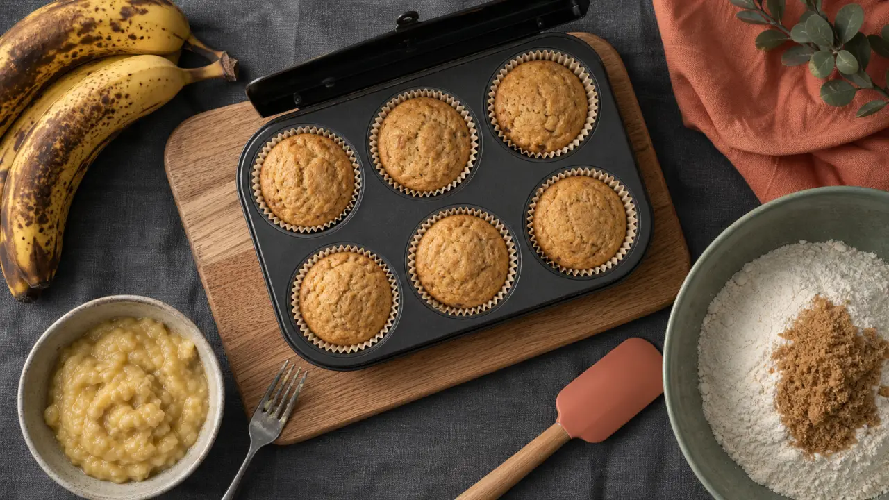 recette muffin banane moelleux : muffins banane dorés, fourchette et purée de bananes