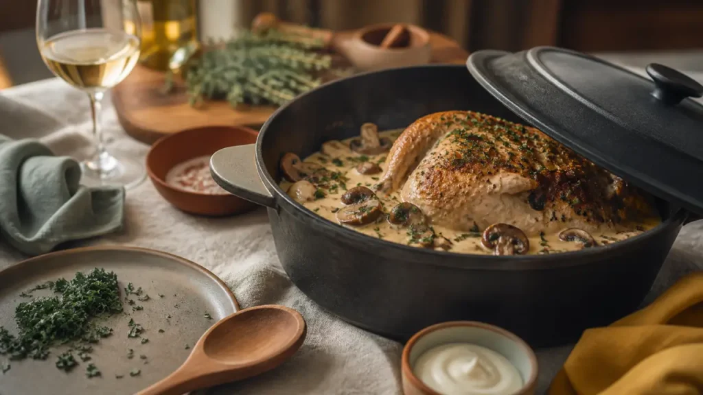 Pintade en cocotte aux champignons : la méthode simple pour une viande moelleuse en 1 h