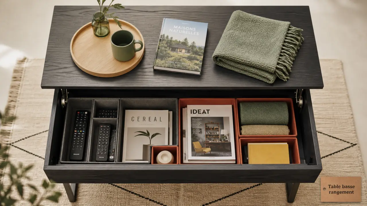 Table basse rangement avec plateau relevable et rangement télécommandes et magazines