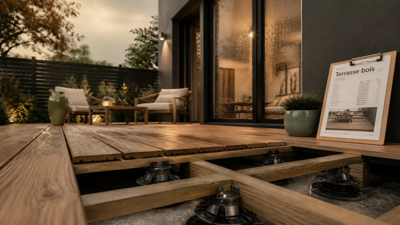 Terrasse bois reims : lames bois naturelles et ventilation sous lambourdes