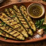 Courgette barbecue grillée, tranches de 5 mm sur planche en bois
