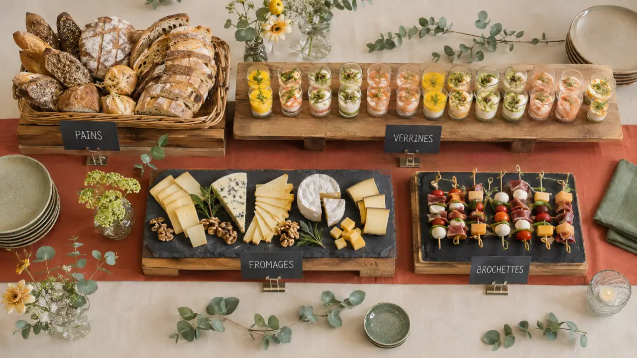 Décoration buffet réception : présentoirs en bois et ardoises sur table de buffet froid