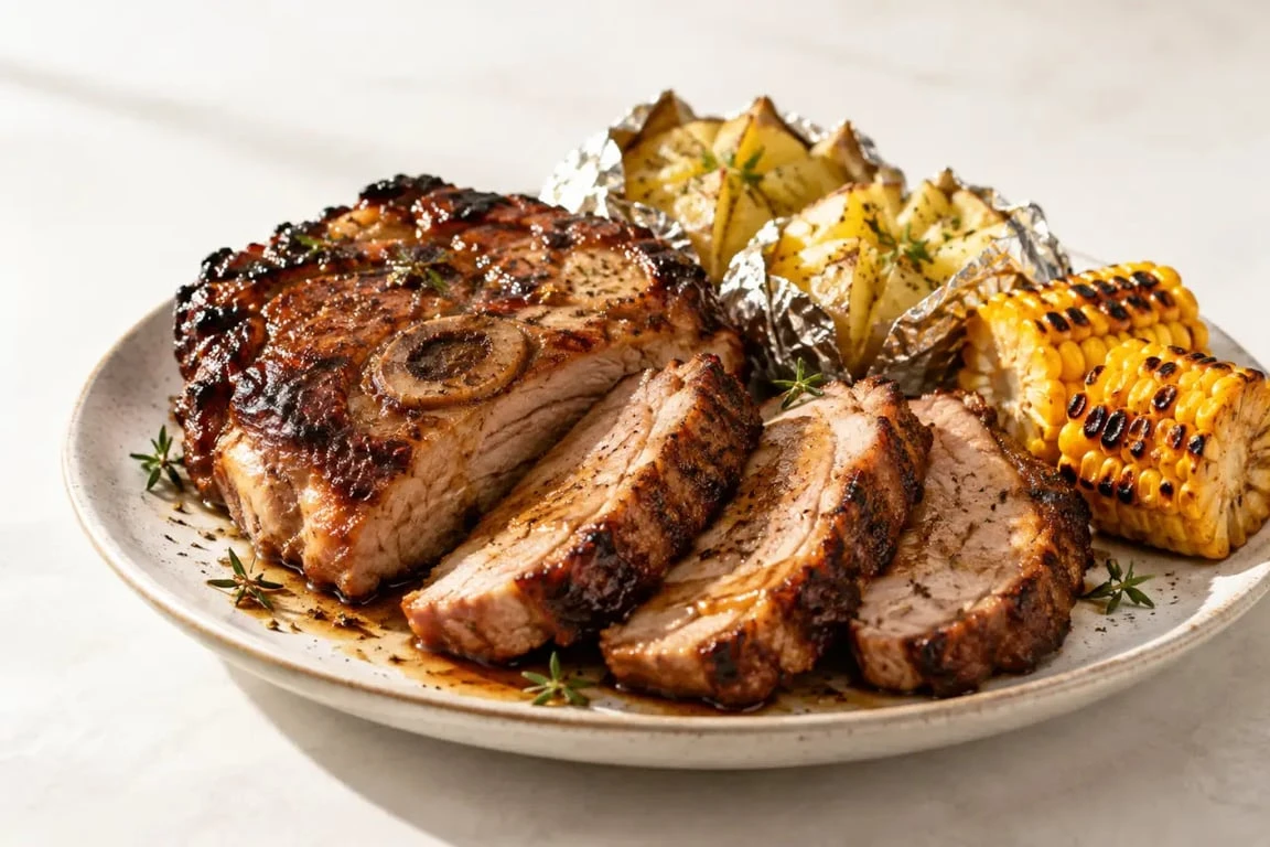 Rouelle de porc au barbecue dorée et tranchée avec pommes de terre en papillote