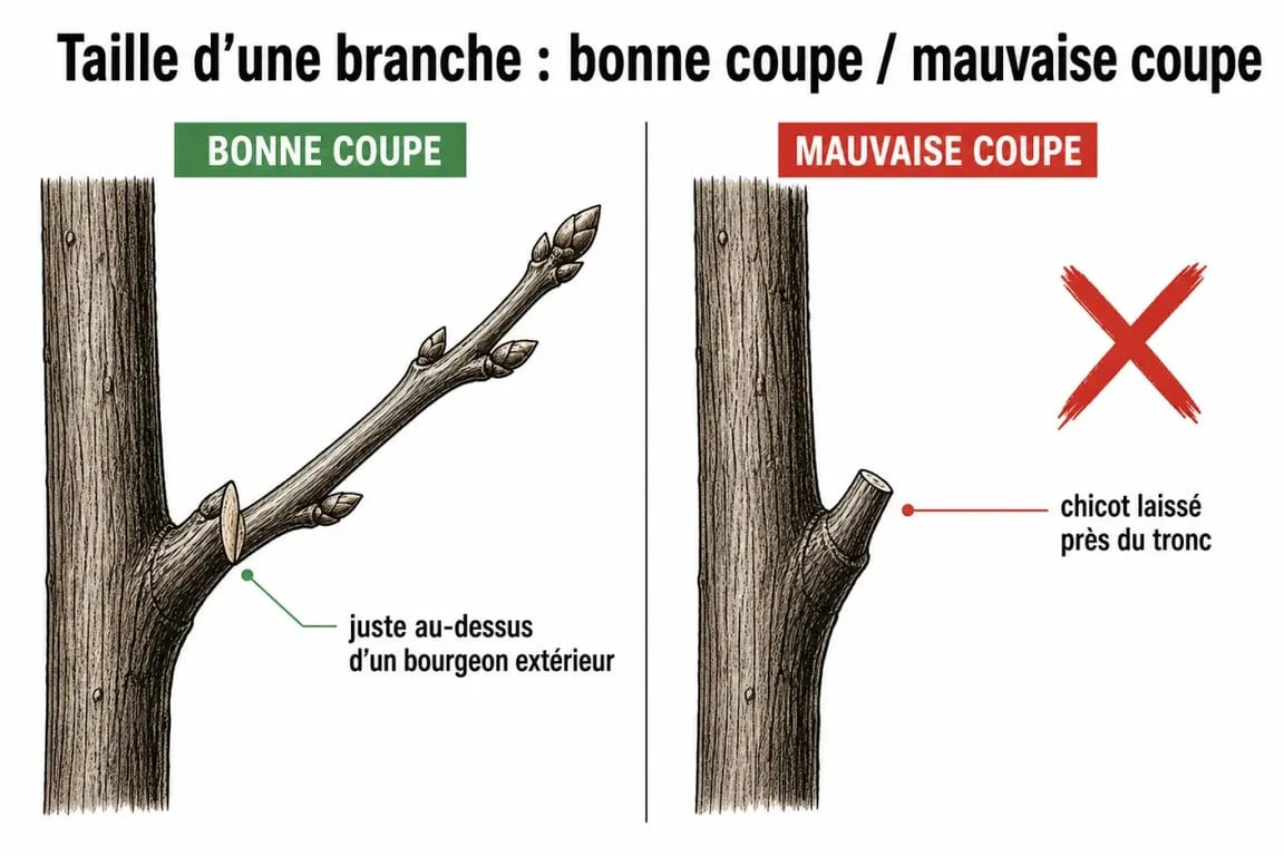 Taille d arbres : coupe correcte et coupe incorrecte sur une branche