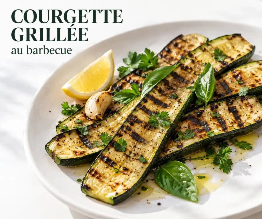 Courgette barbecue grillée avec marques de grille, citron et herbes fraîches