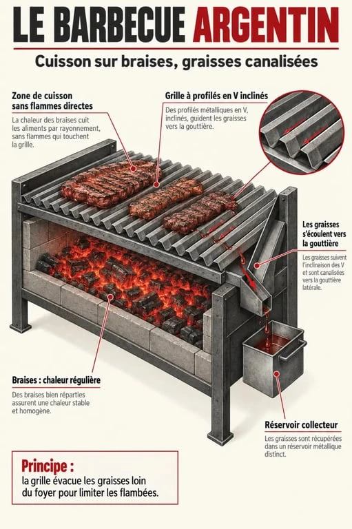 Schéma du fonctionnement d’un barbecue argentin avec grille en V et collecteur de graisses
