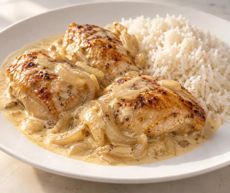Poulet à la crème onctueux servi avec du riz basmati