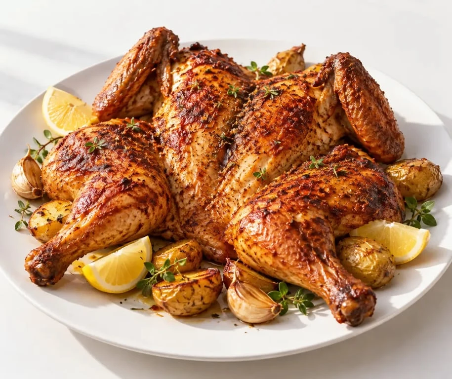 Poulet a la portugaise doré en crapaudine avec citron et pommes de terre